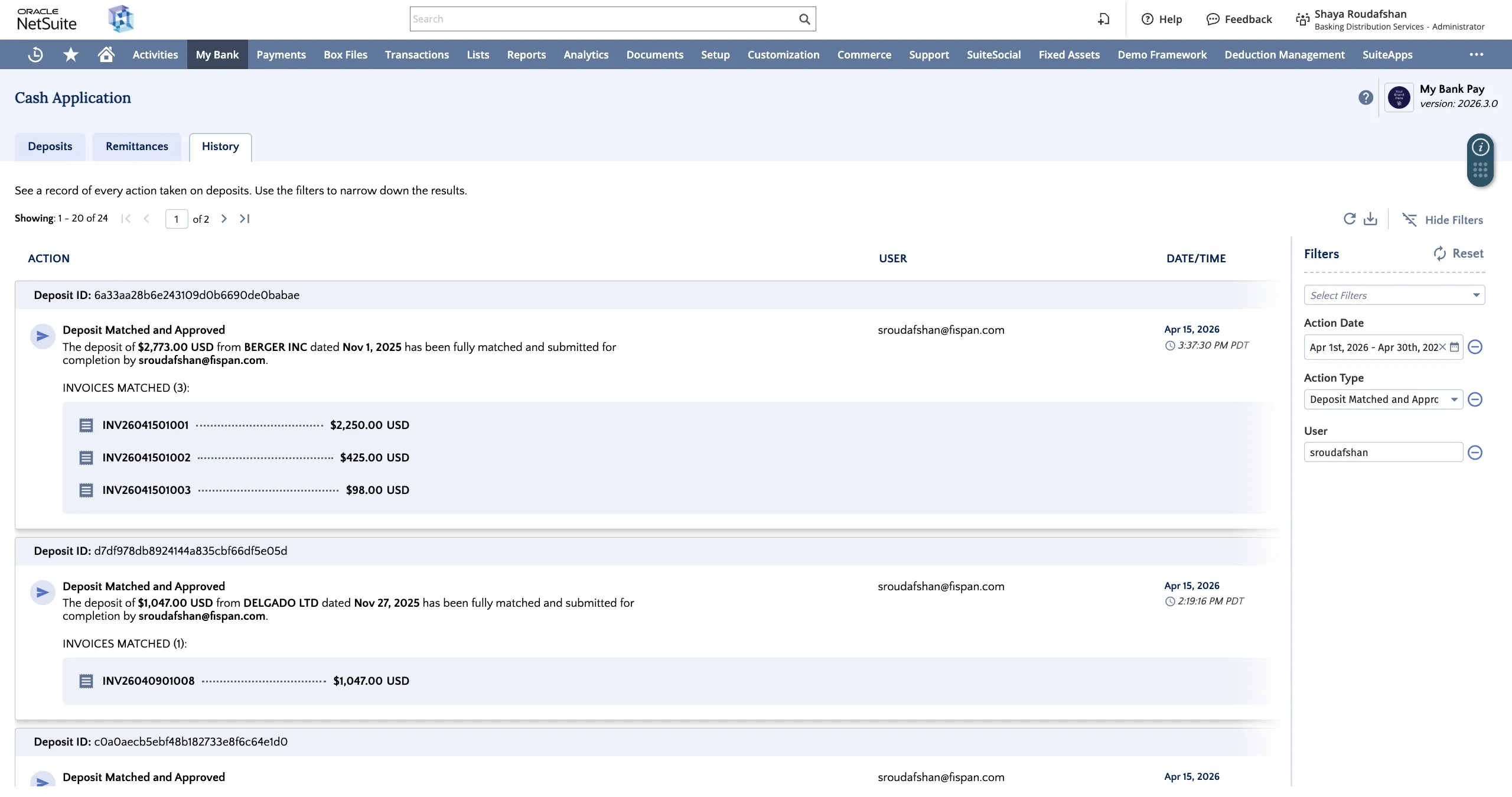 History tab and filters History tab and filters