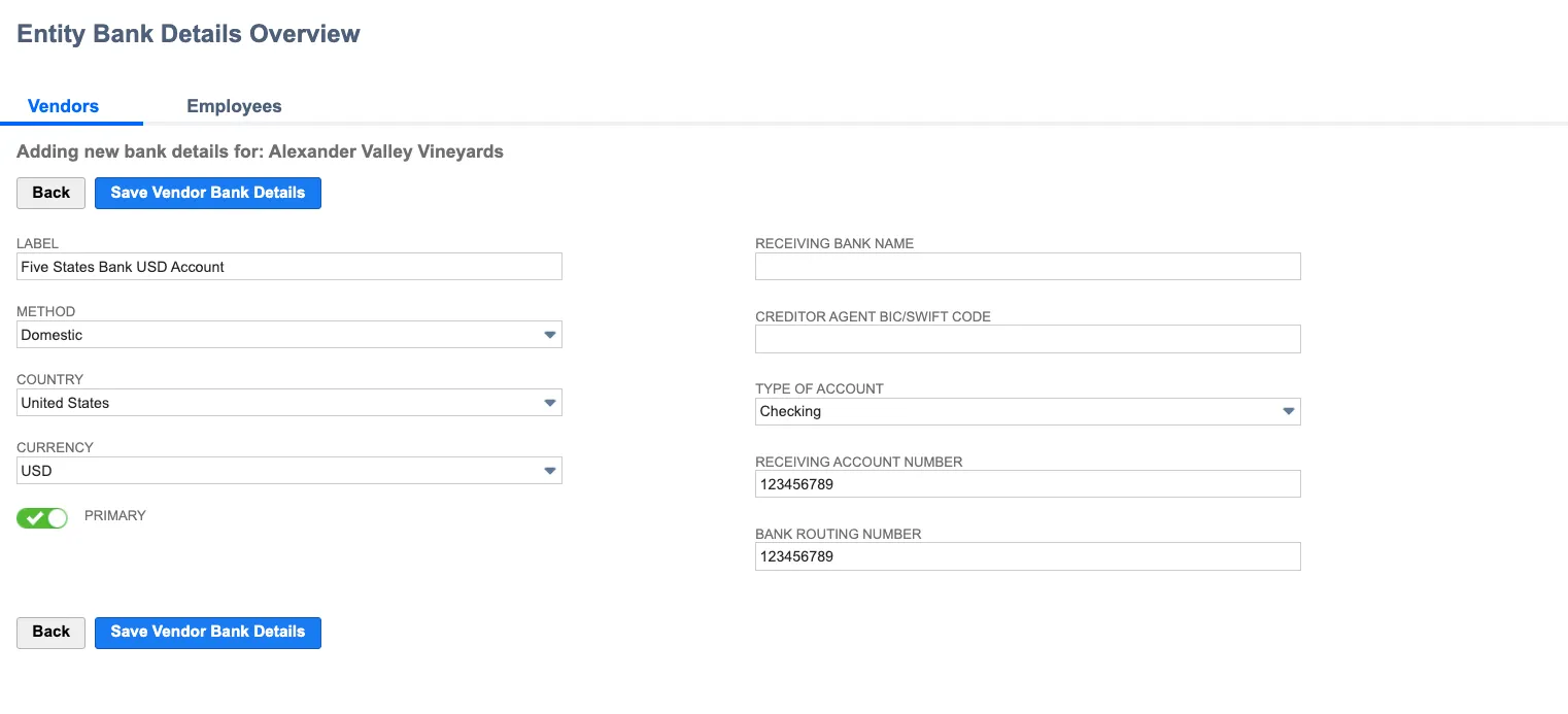 Click Save Vendor Bank Details