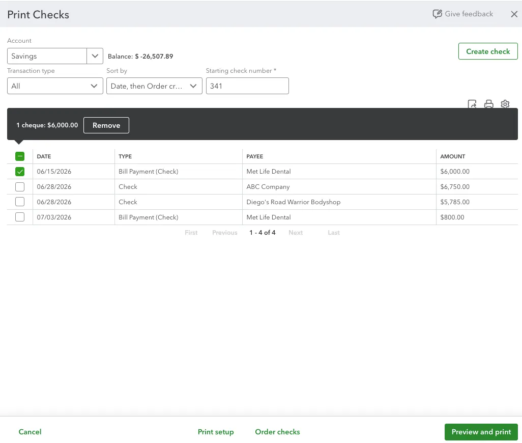 Select the Bill(s) to Pay, then Preview and Print