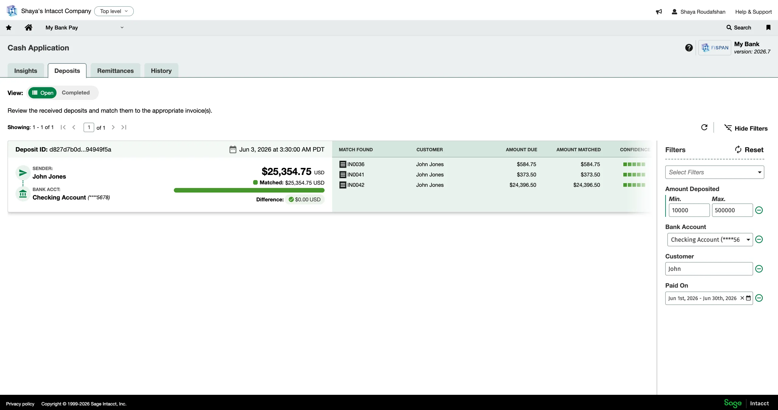Filtered deposits list view Filtered deposits list view