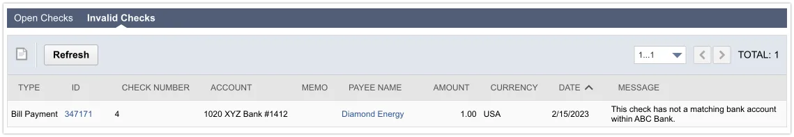 The image displays an entry in the Invalid Checks section, with the message of "The check has not a matching bank account within ABC Bank."