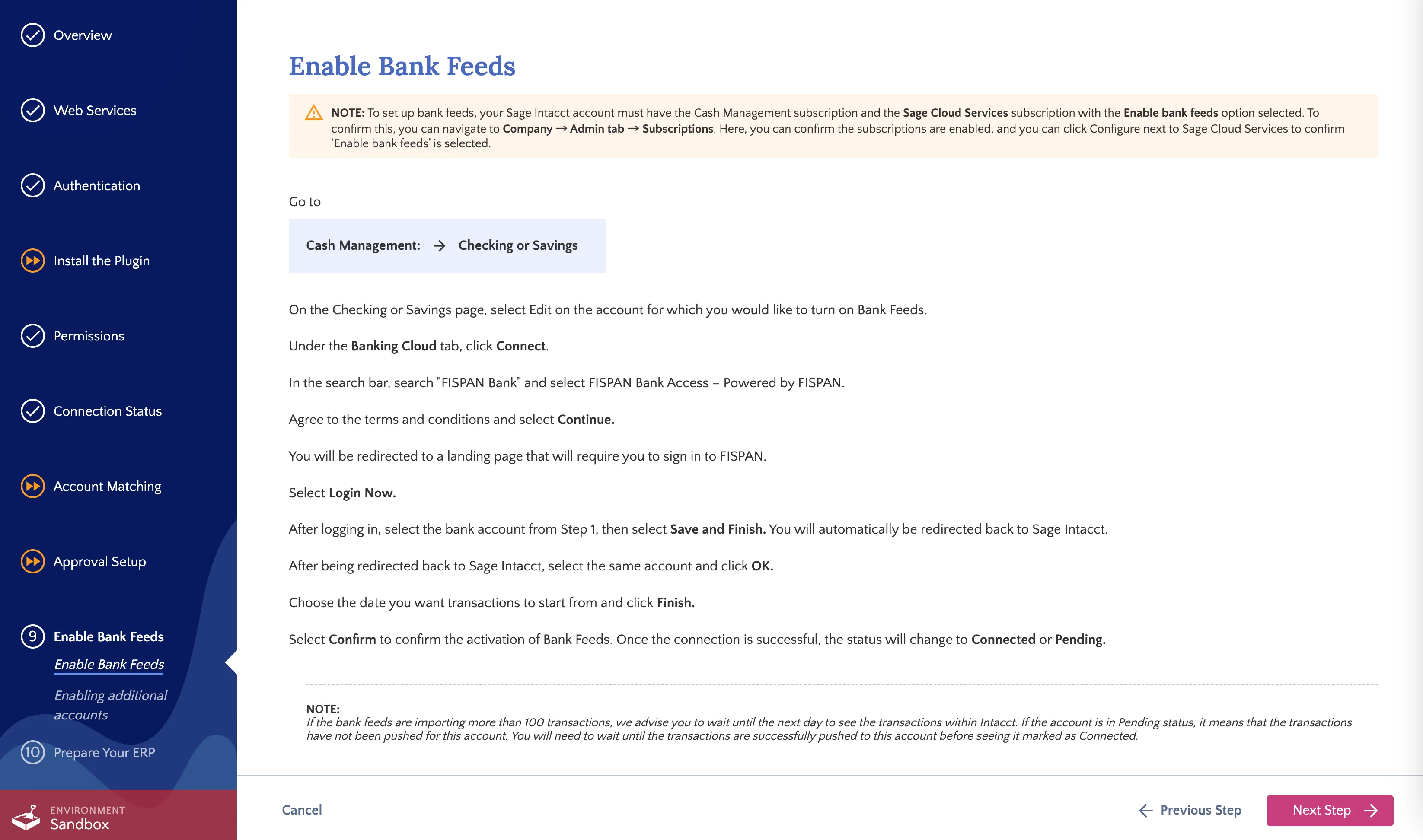 Enable Bank Feeds Step