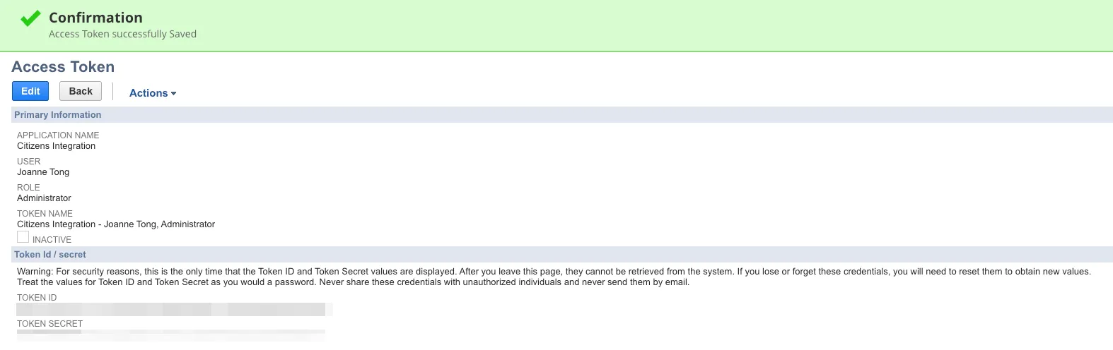 Completed Access Token displaying a Token ID and Token Secret