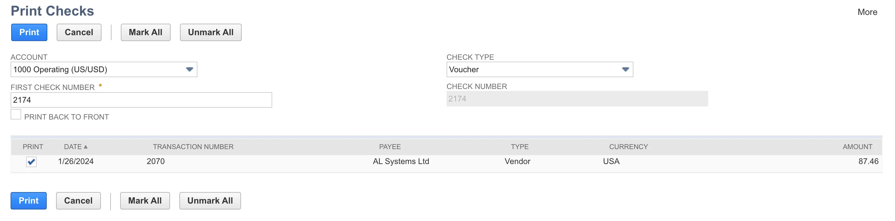 Select checks to print