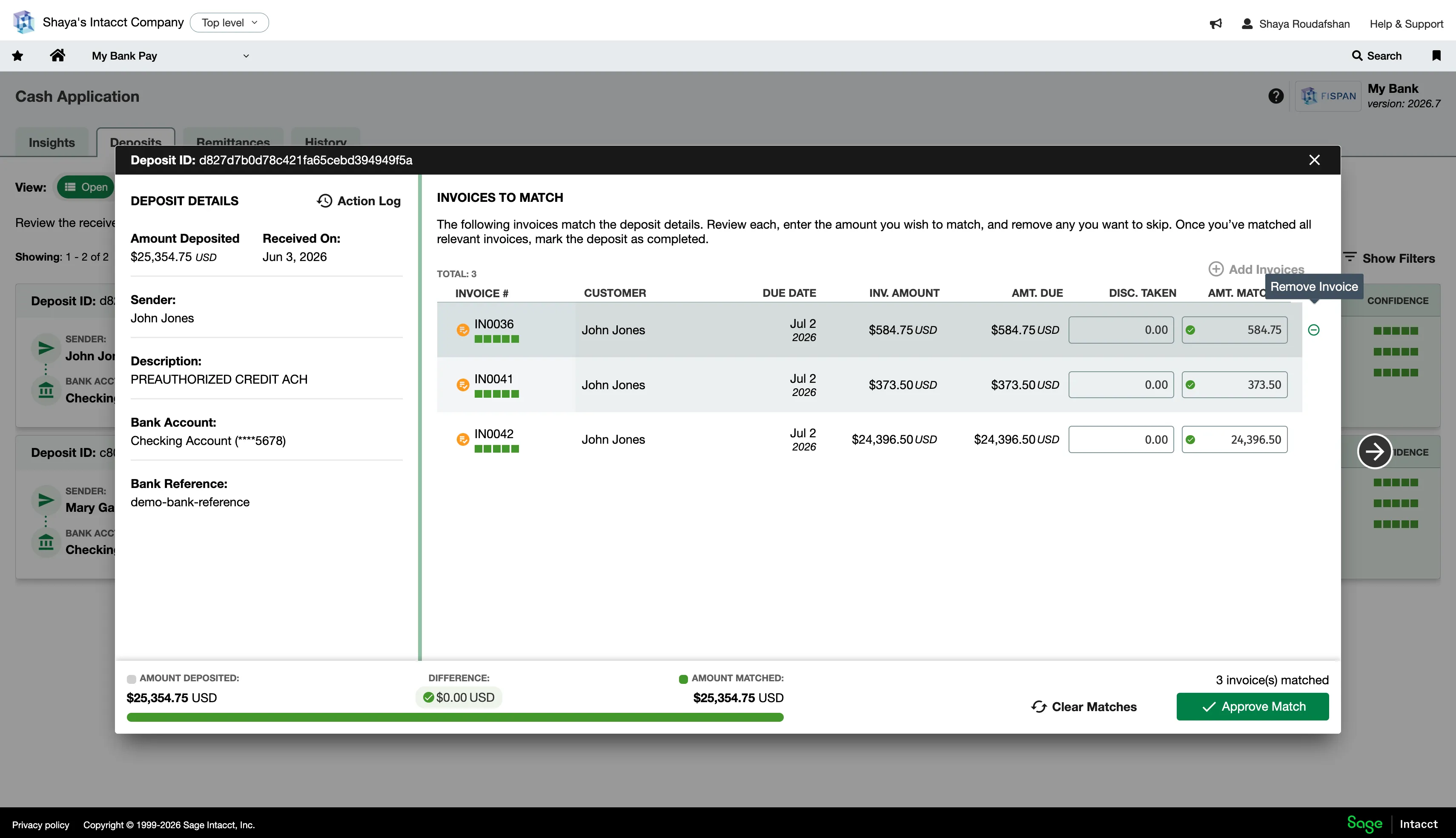 Deposit details view with invoice highlighted to reveal minus sign