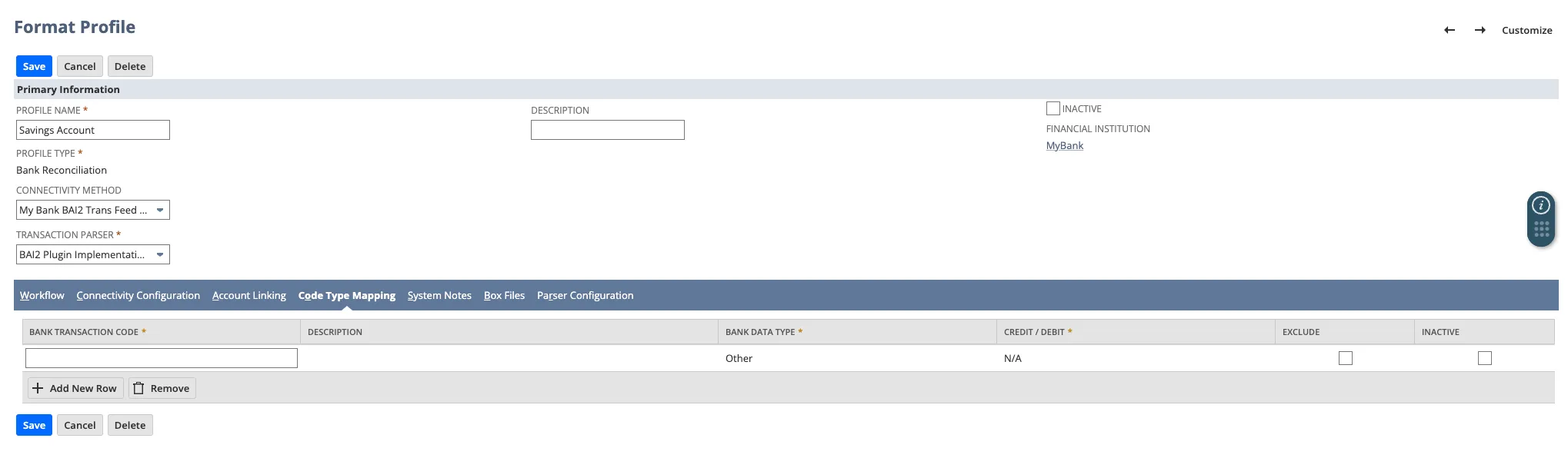 Code Type Mapping tab on a Format Profile