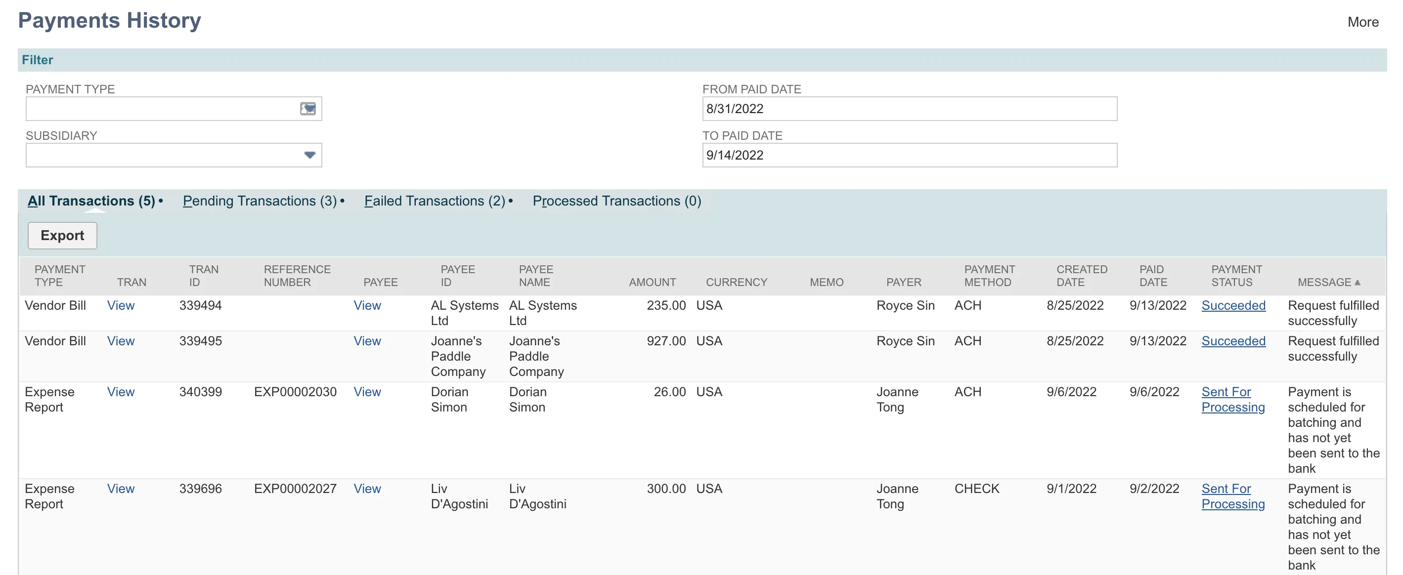Payments History Page