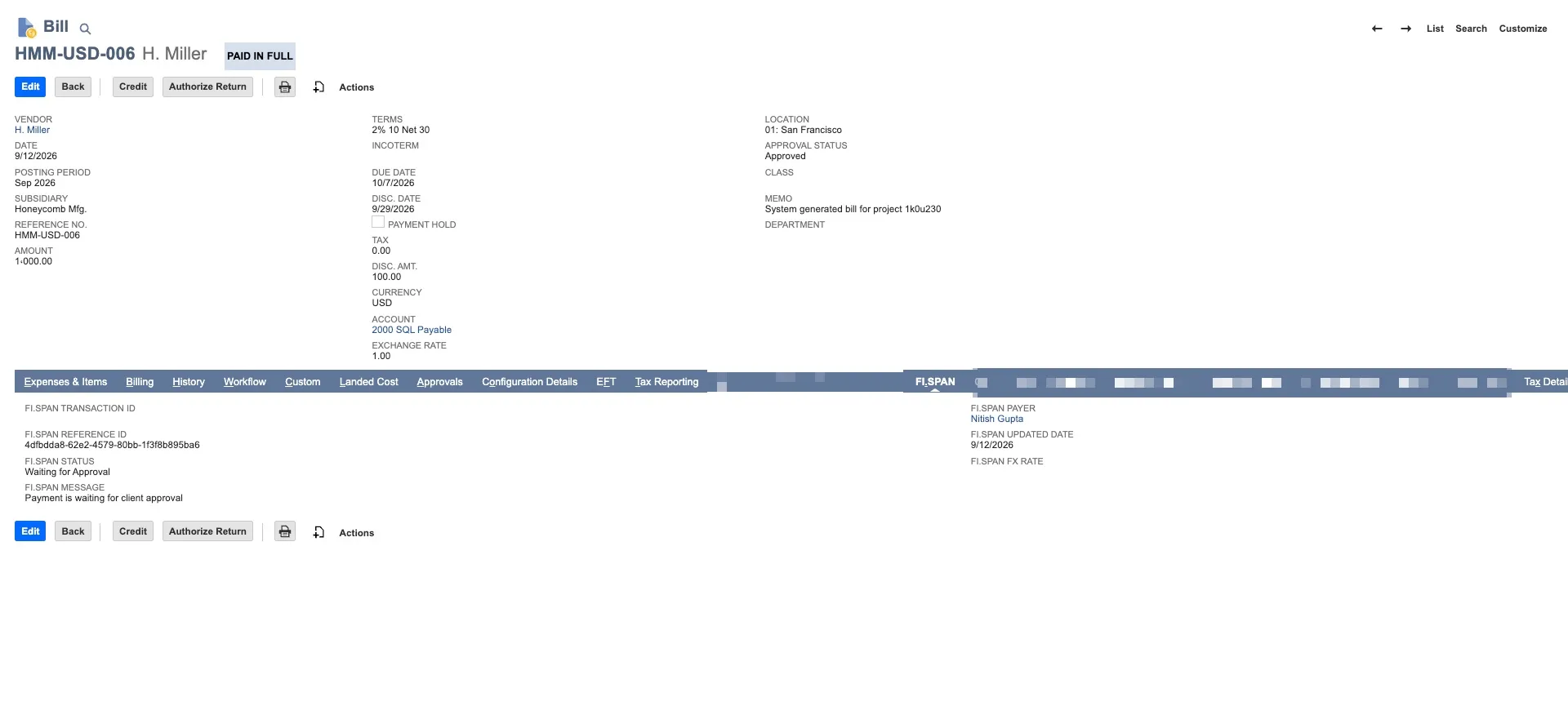 Bank Plugin Bill Custom Field