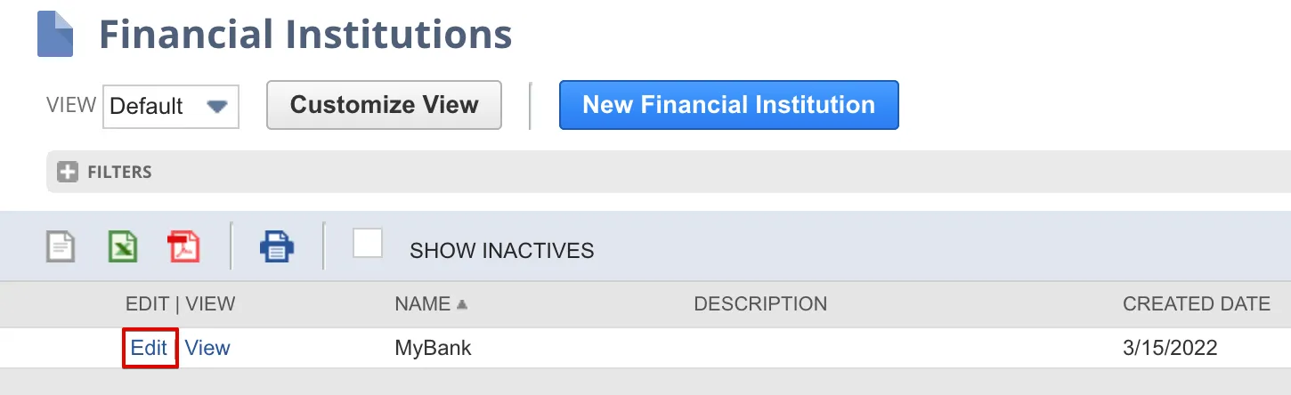 Select Edit on the Financial Institution