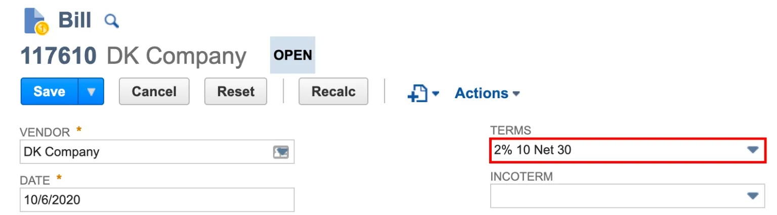 Set Payment Term at Bill Level