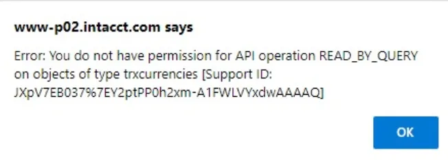 You do not have permission for the API operation READ_BY_QUERY on objects of type trxcurrencies. 