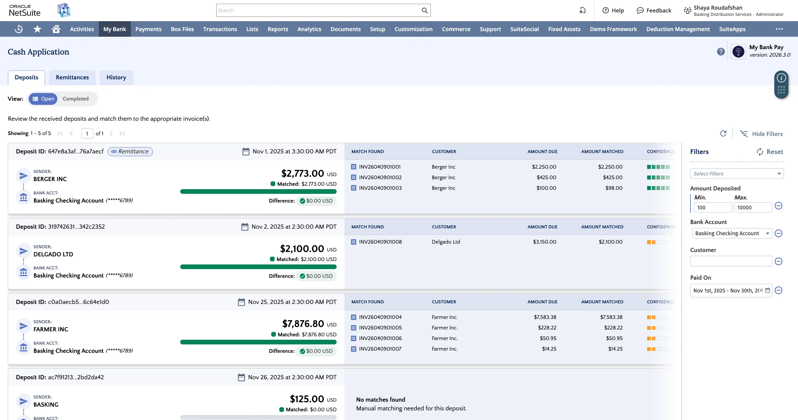 Filtered deposits list view Filtered deposits list view