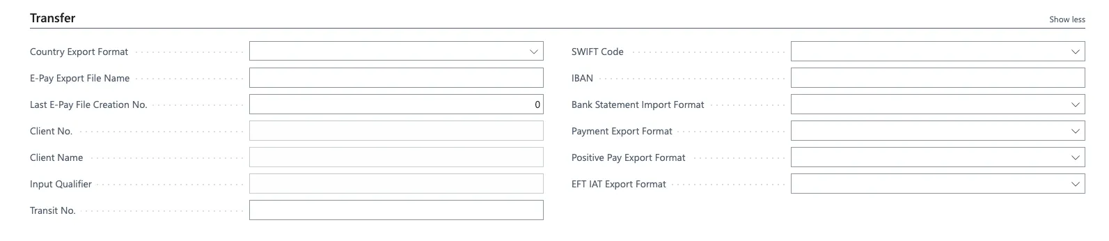Transfer section - empty Bank Statement Import Format field