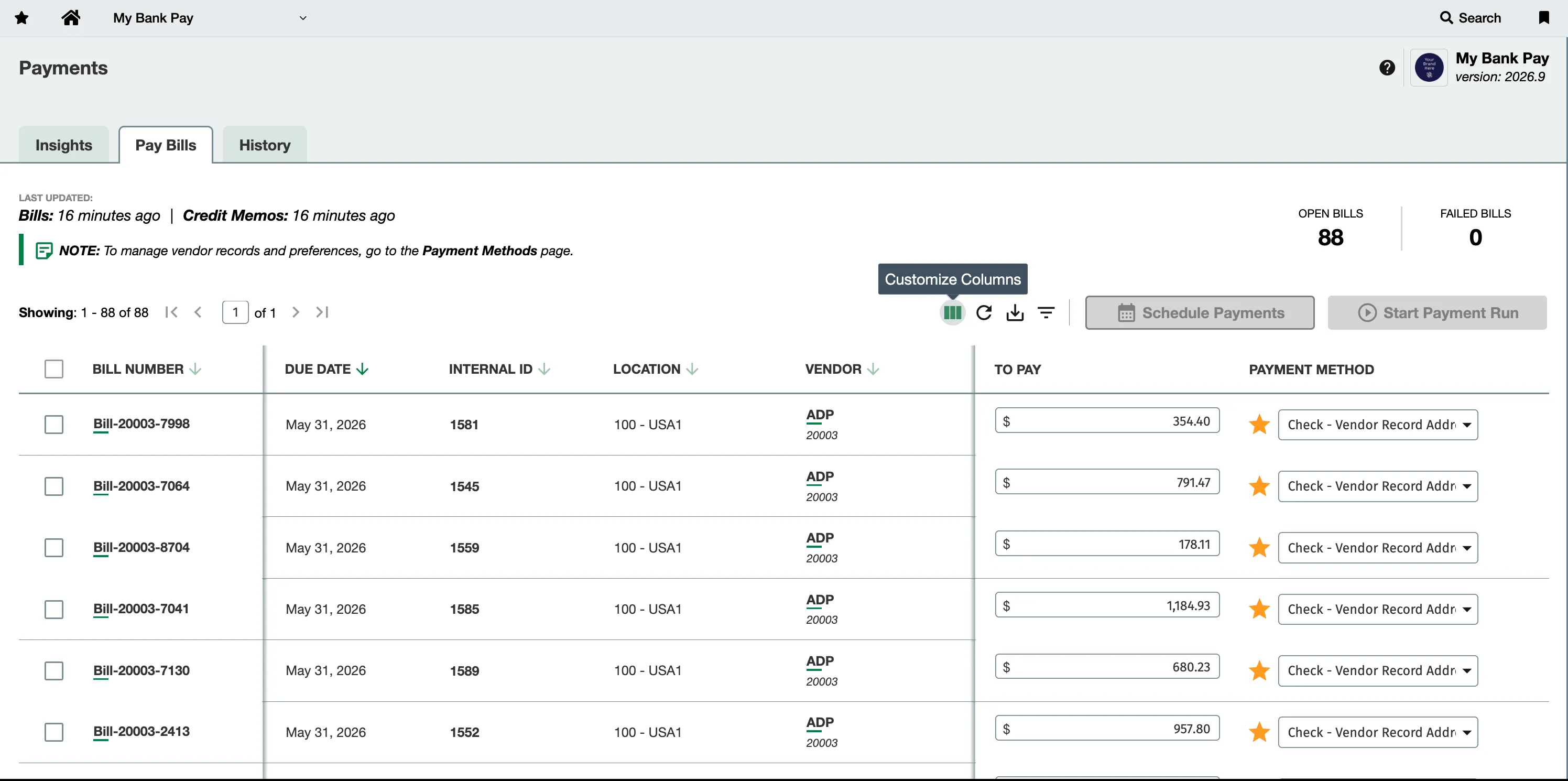 Accessing Customize Columns Panel