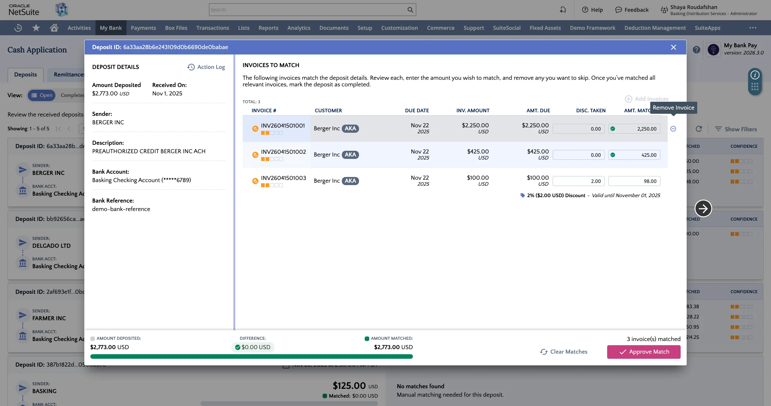 Deposit details view with invoice highlighted to reveal minus sign Deposit details view with invoice highlighted to reveal minus sign