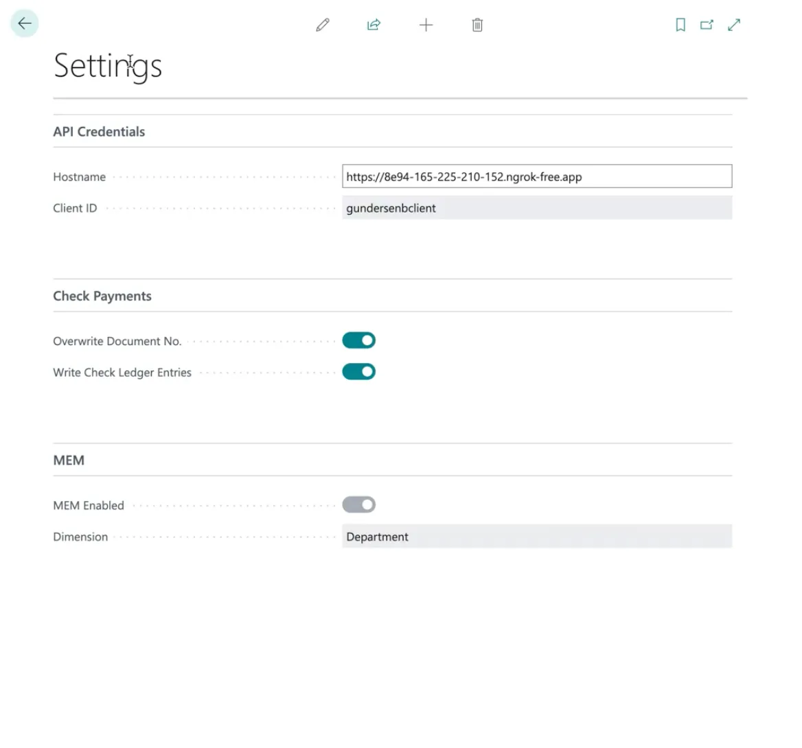 Settings with Check Payment toggle switches enabled