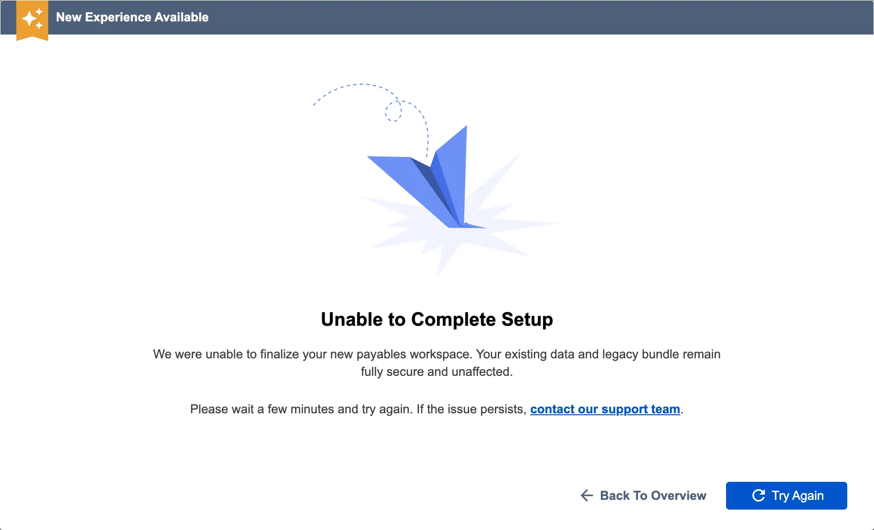 Unable to Complete Setup Screen