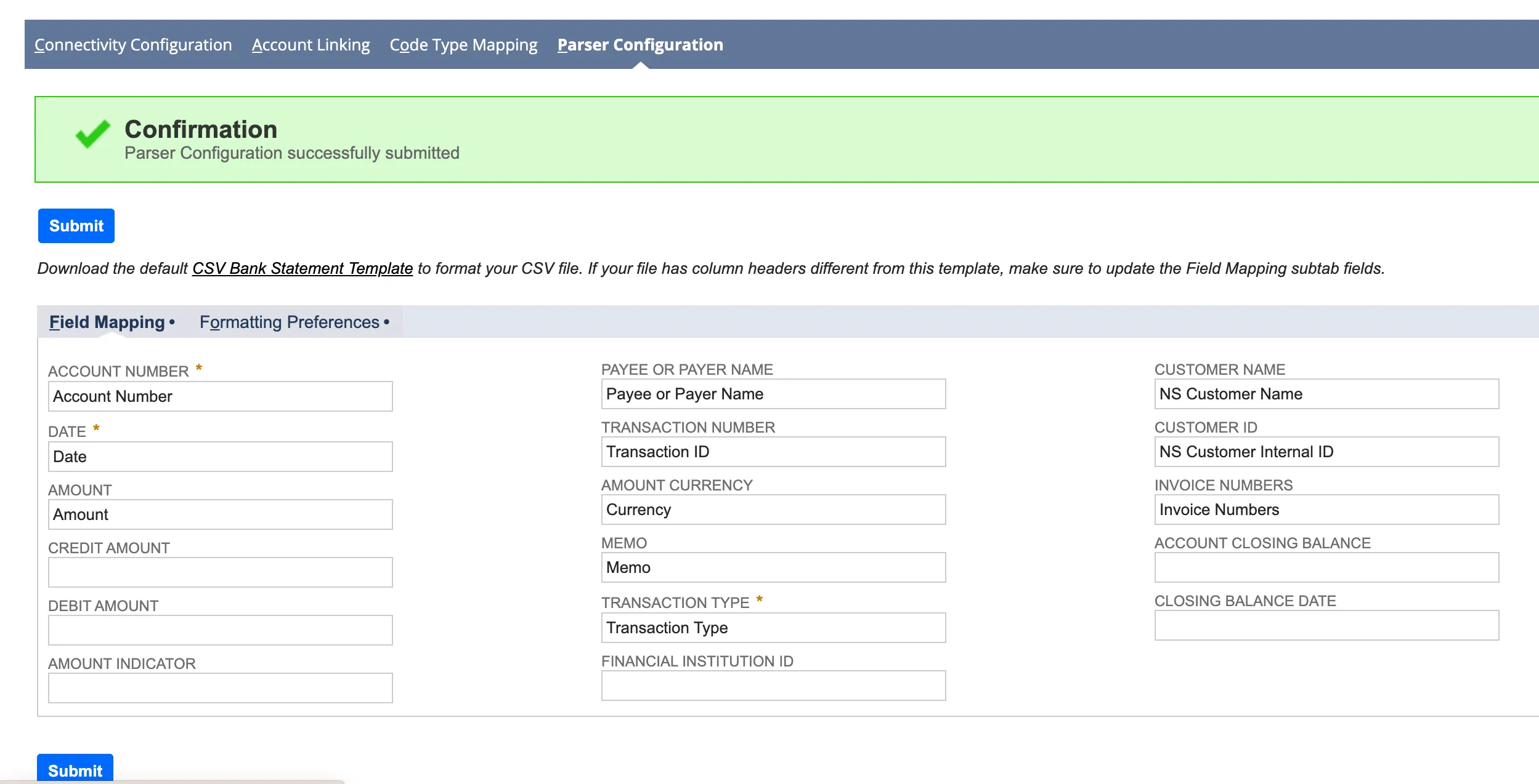 Confirmation - Parser Configuration successfully submitted