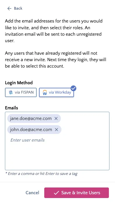 Select Login Method and Enter Emails