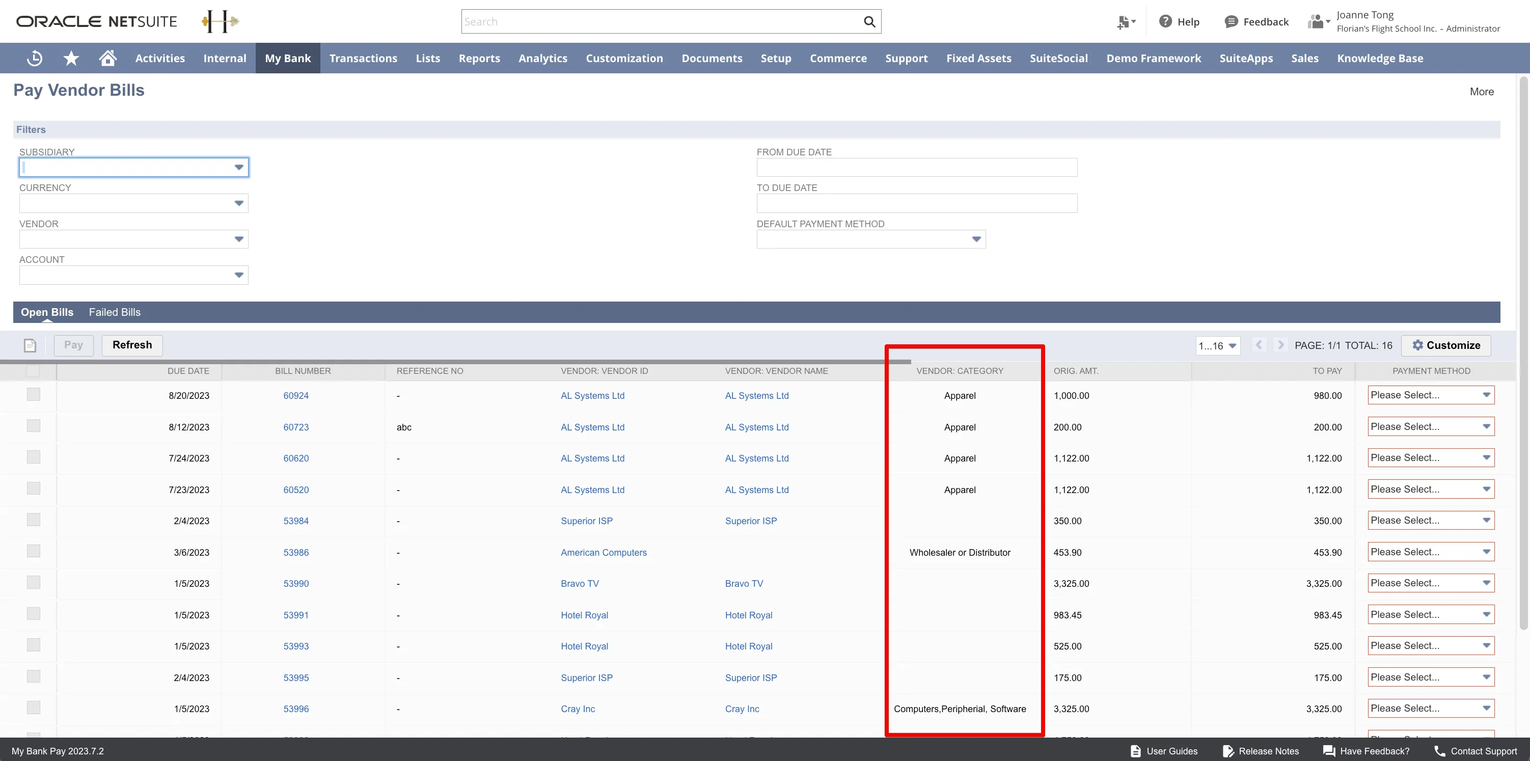 “Vendor: Category” now appears as a column in the specified position
