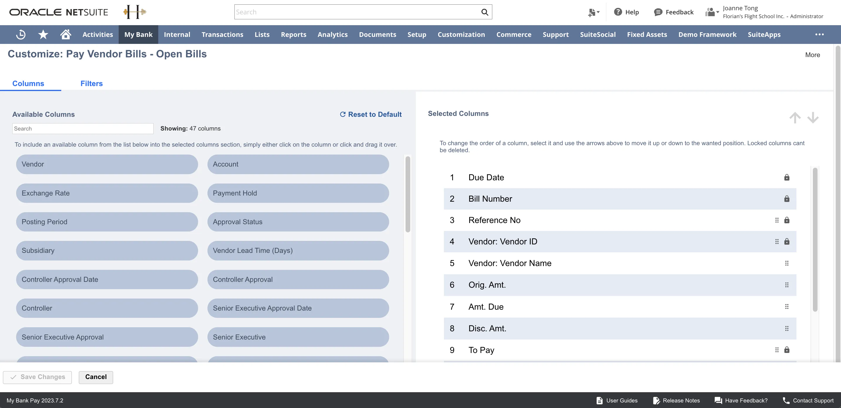 The Customize page for the Open Bills tab of the Pay Vendor Bills page