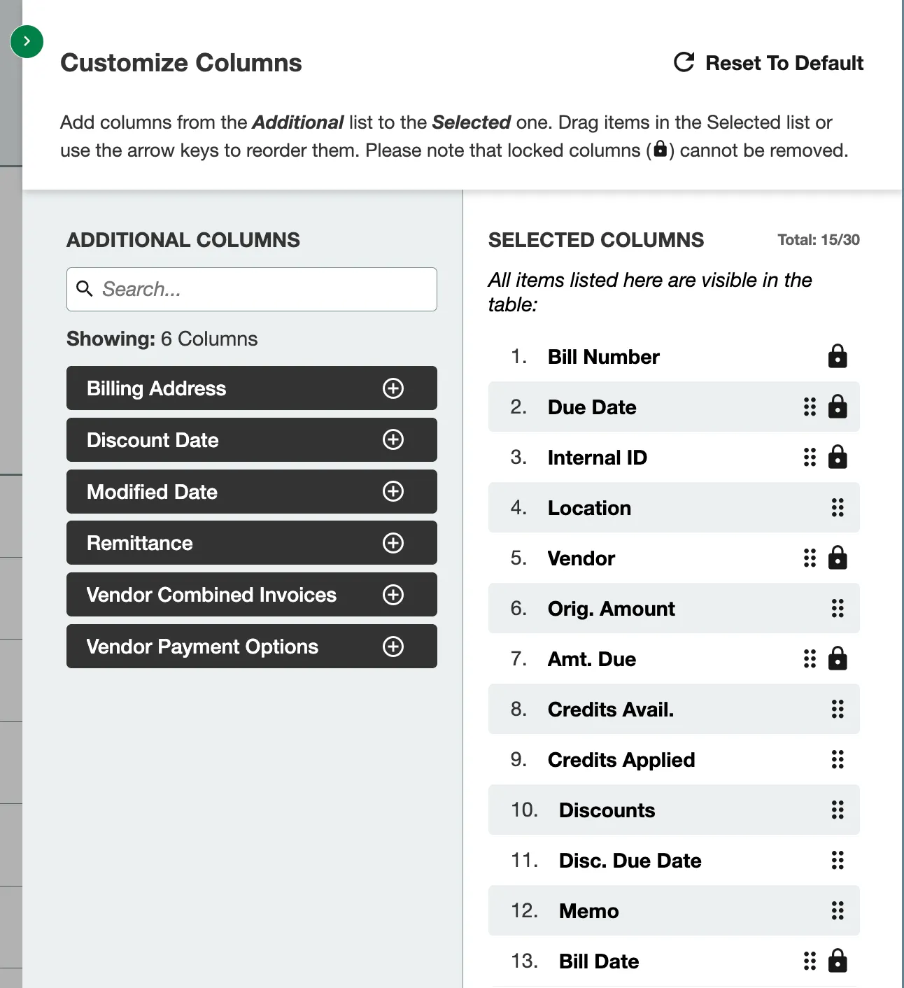 Customize Columns Panel