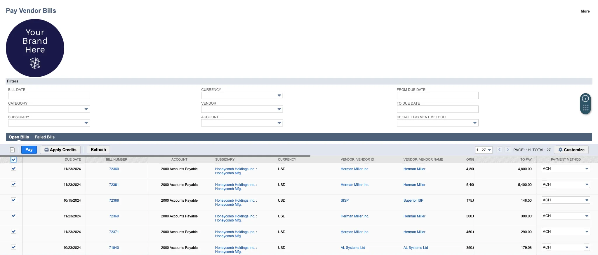Select Bills to Apply Bill Credits