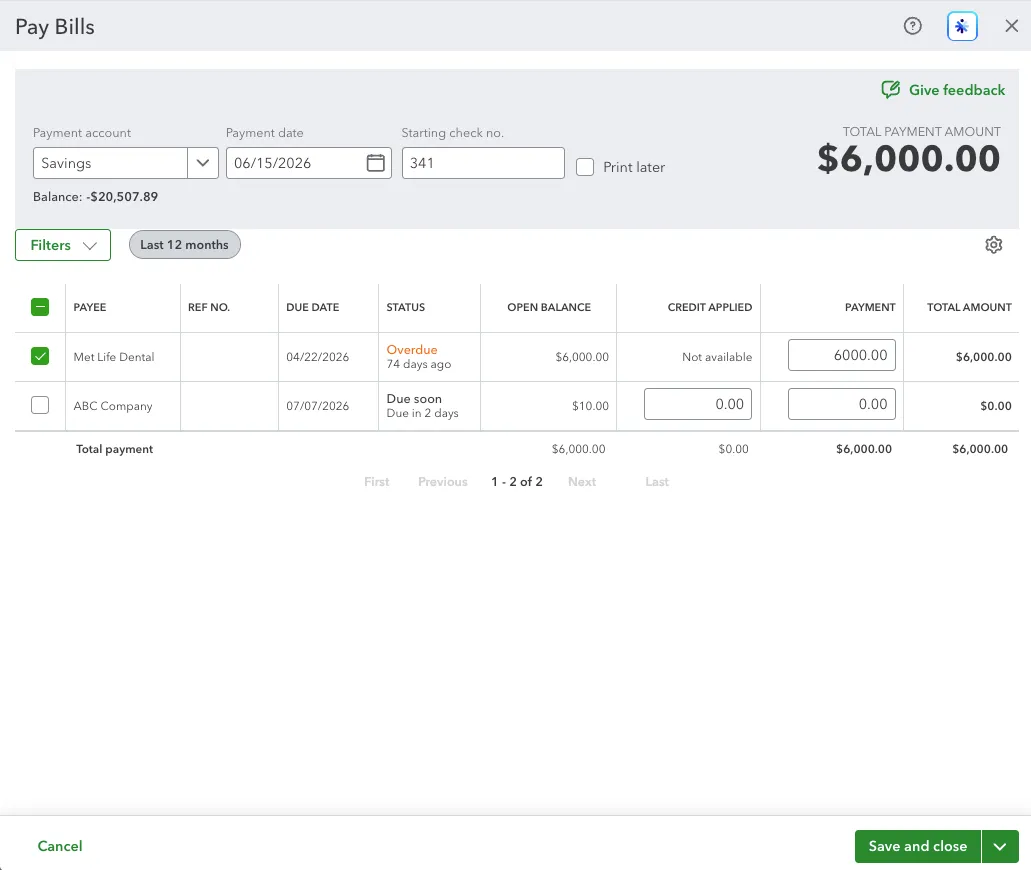 Confirm Payment Amount, then Save and Close