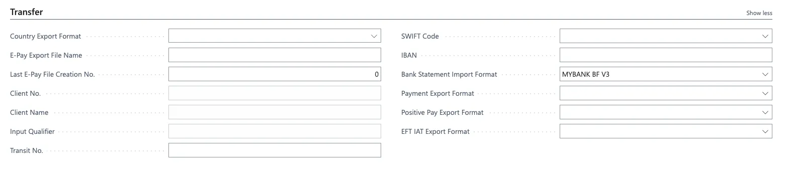 Transfer section - Bank Statement Import Format field