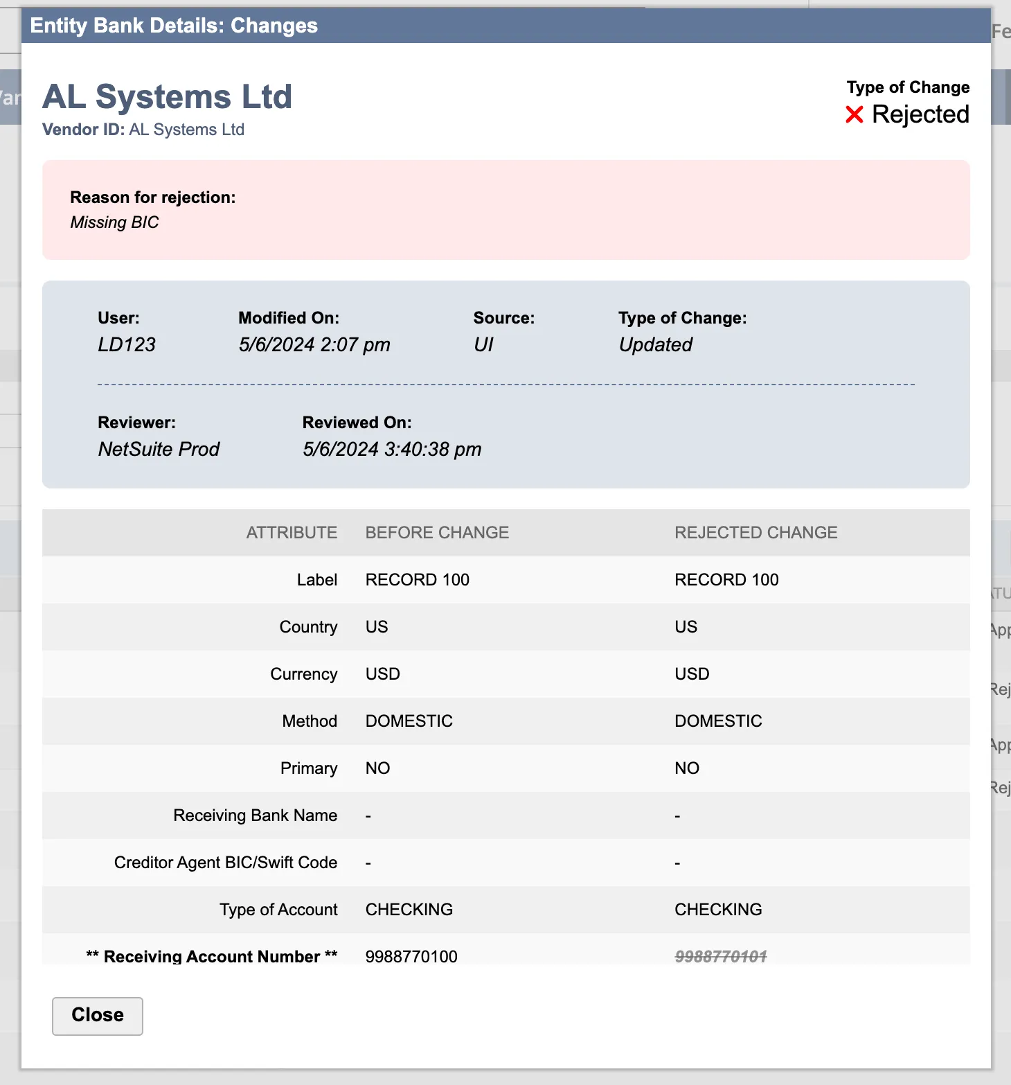 View Rejected Changes Details