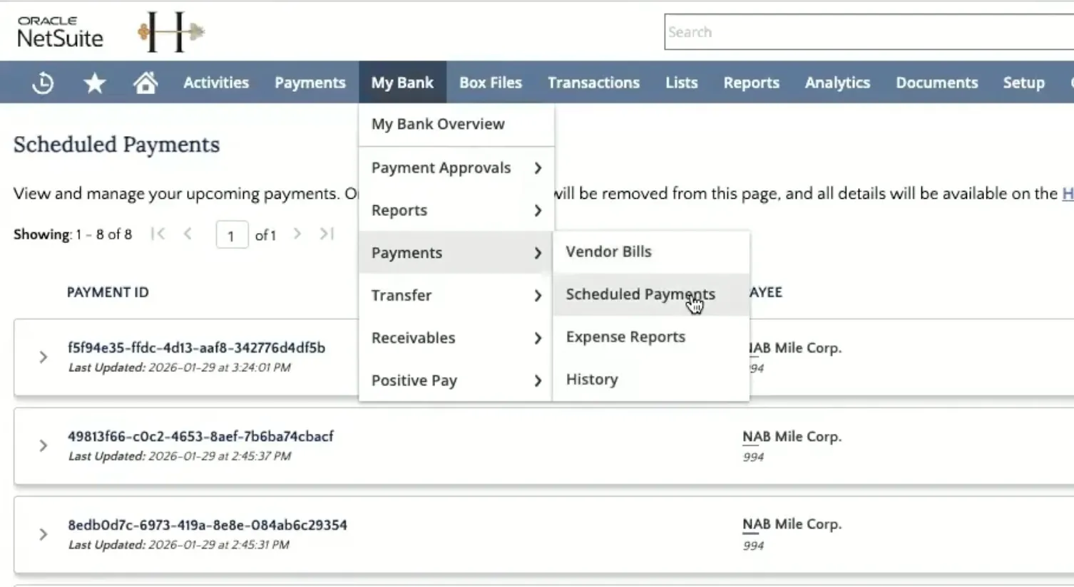 Payments -> Scheduled Payments