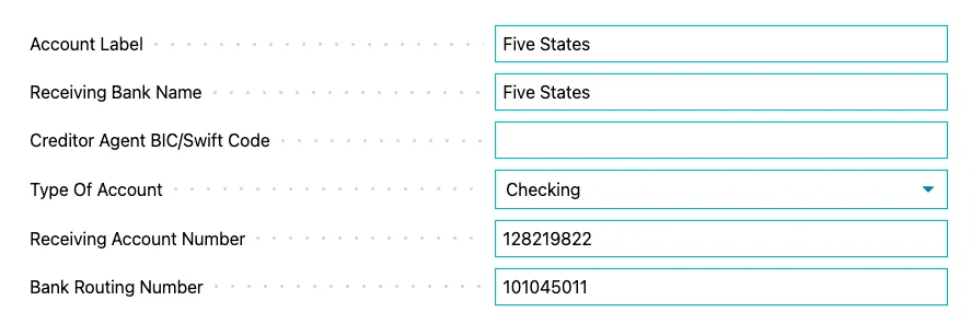 Bank account field values
