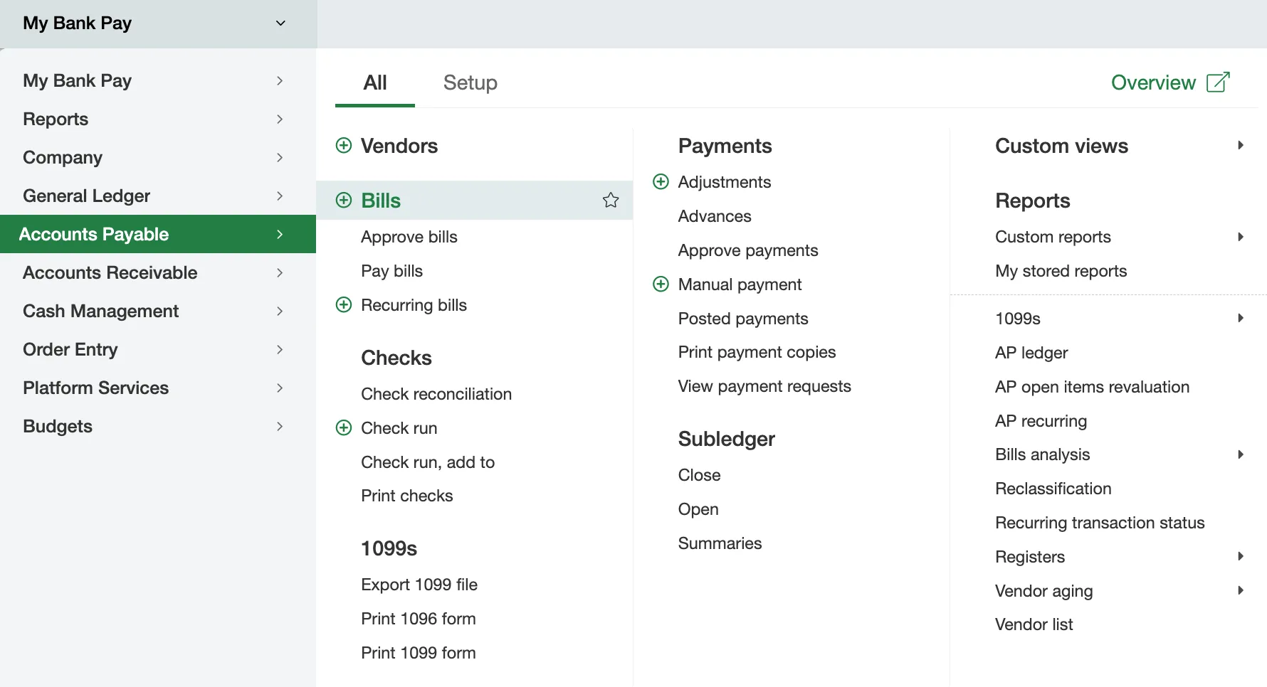 Click on "Bills" under the Accounts Payable Menu Click on "Bills" under the Accounts Payable Menu