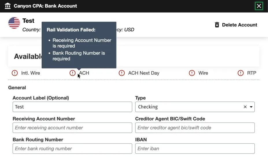 Bank Account Validation Tooltip Display