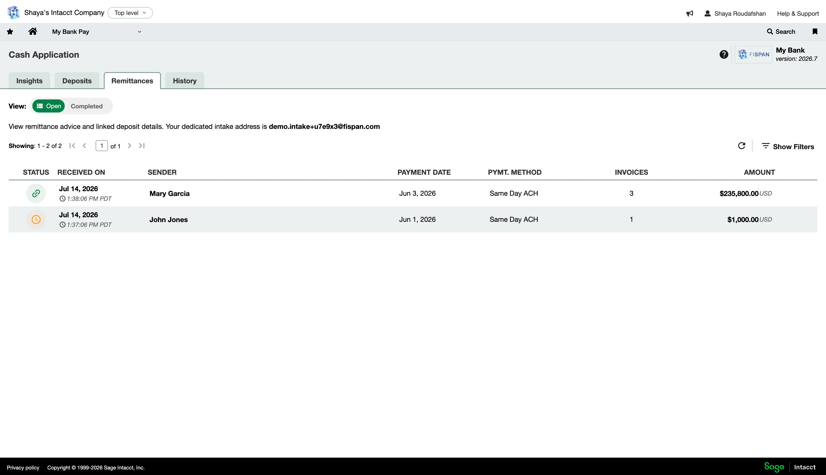Remittances tab