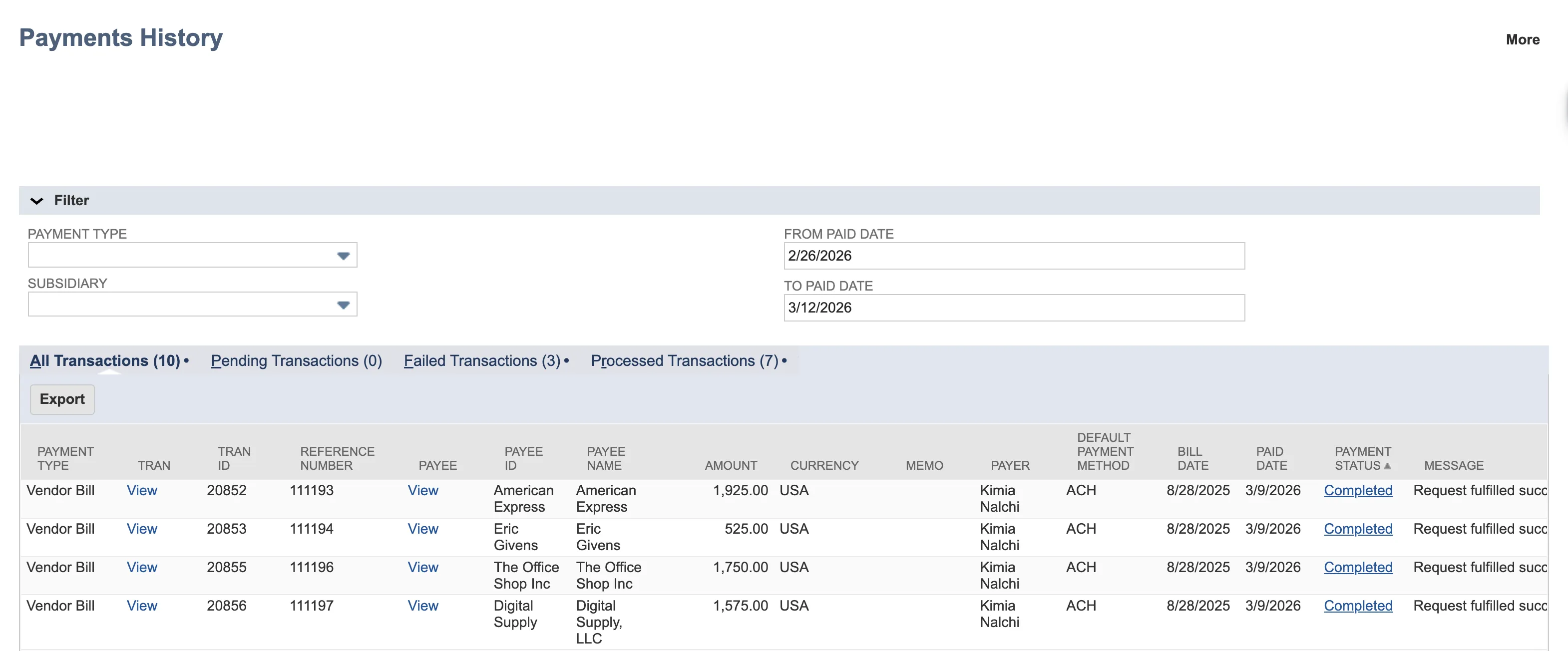 Payments History page