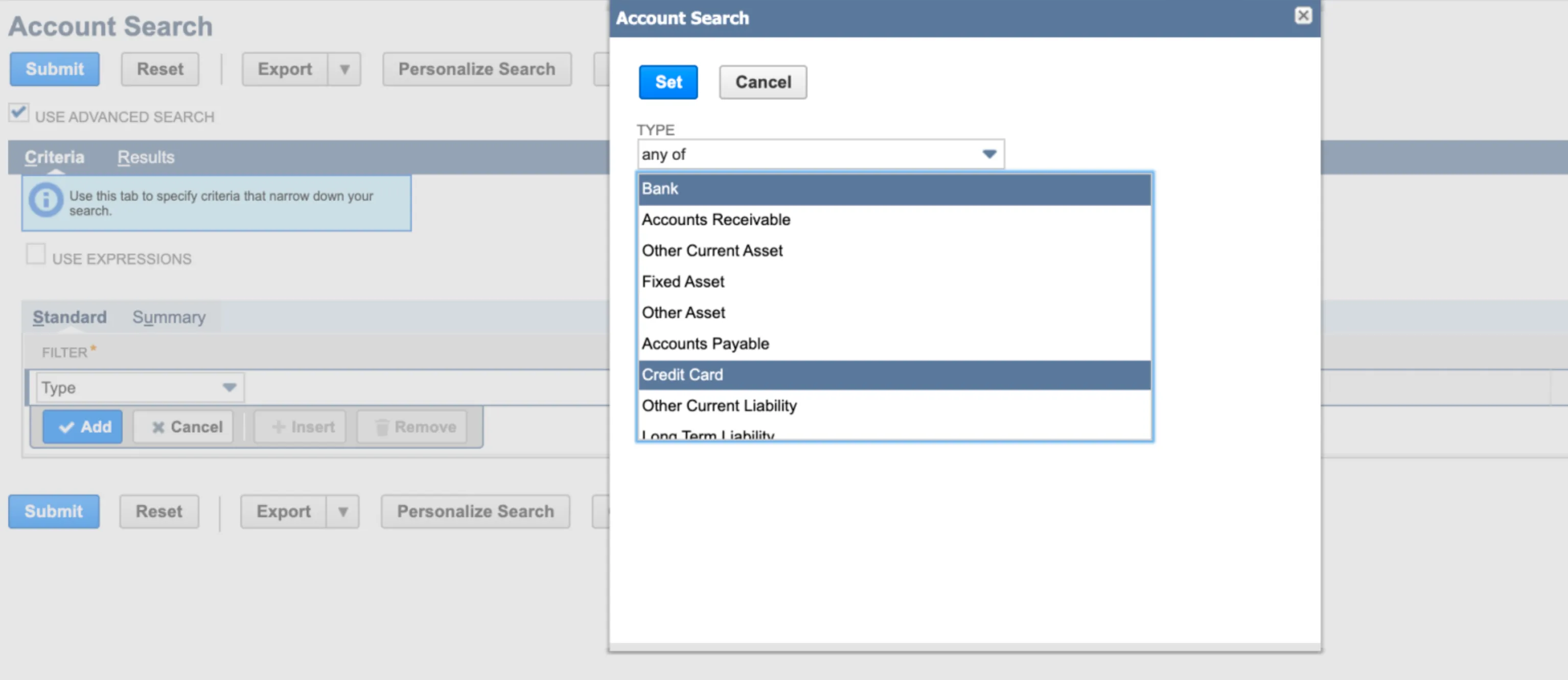 Select Bank and Credit Card from Type Drop-down