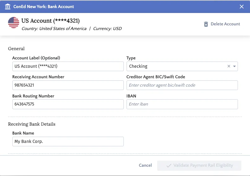 Vendor Bank Account Pop-Up