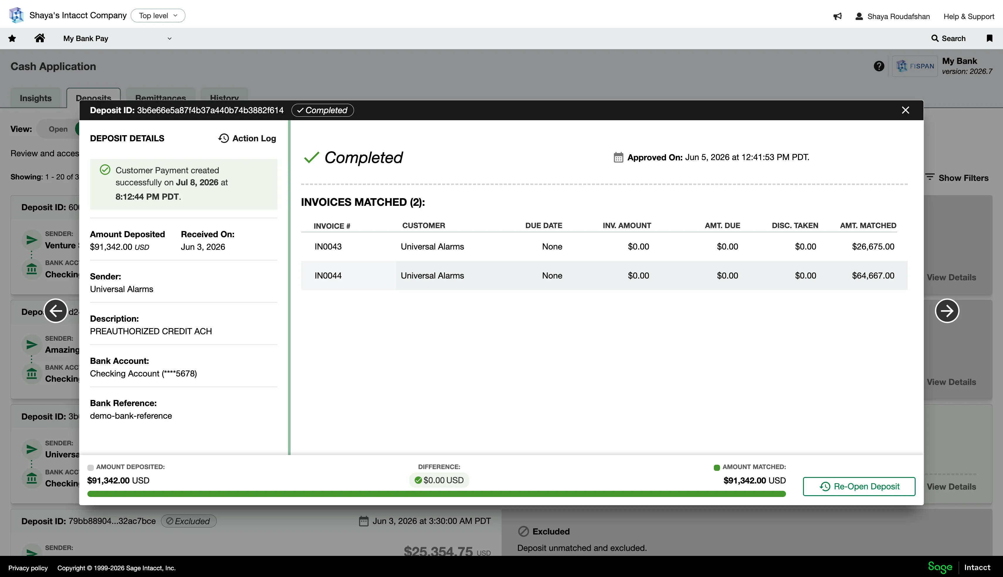 Completed deposit details on a deposit card shows the deposit details and any matched invoice details