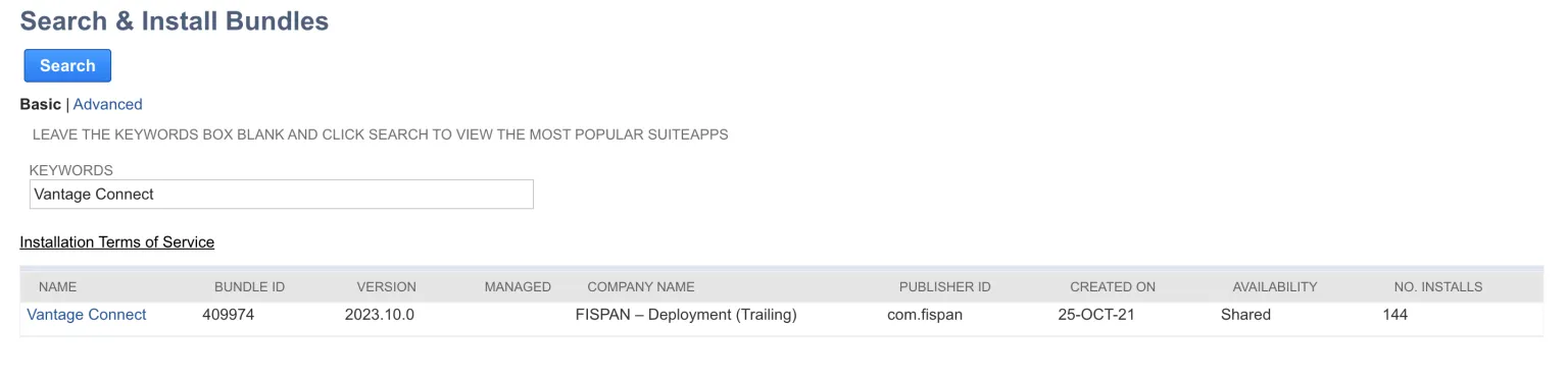 Enter keywords "Vantage Connect" and click Search button to find the bundle Enter keywords "Vantage Connect" and click Search button to find the bundle