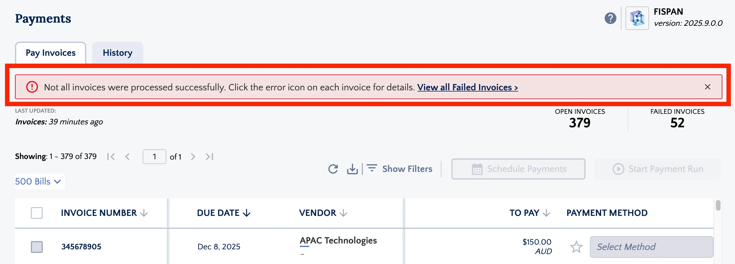 Click failed payments banner
