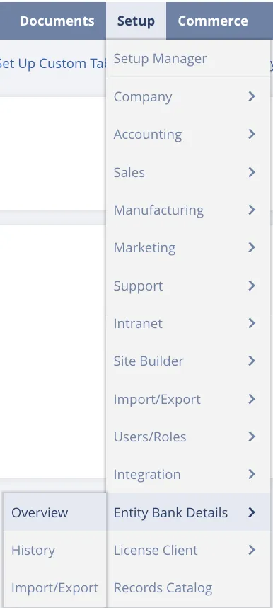 Go to Entity Bank Details Overview