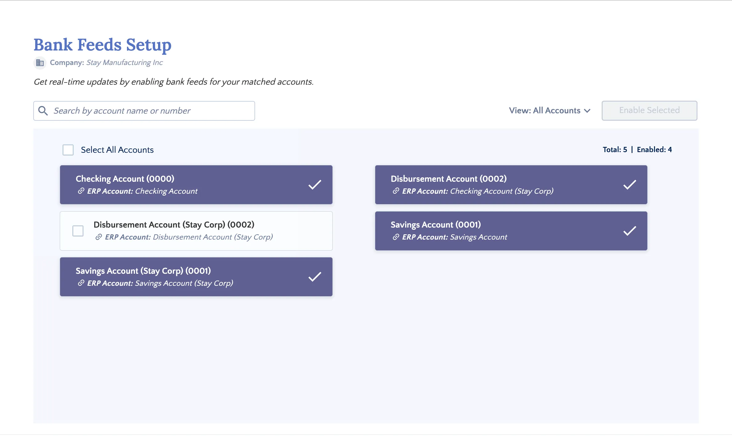 Bank Feeds Setup Page