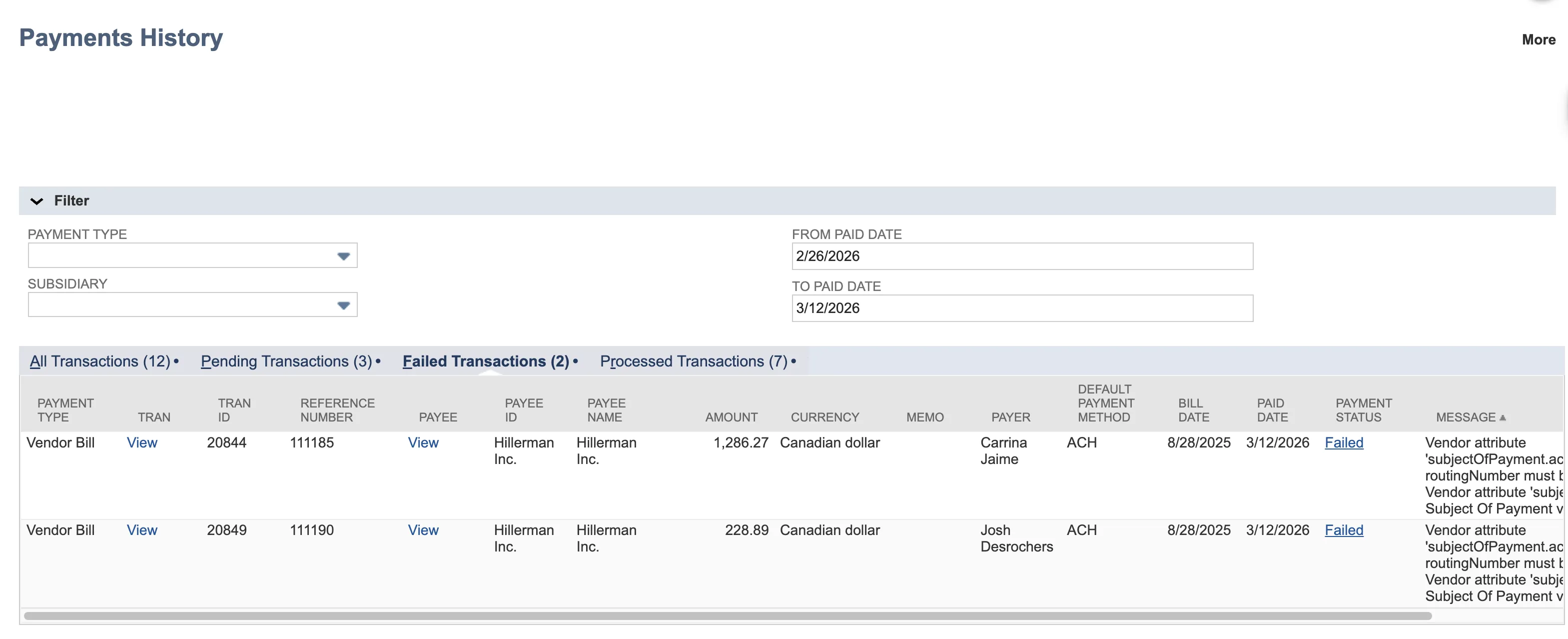 View Payment History - Failed