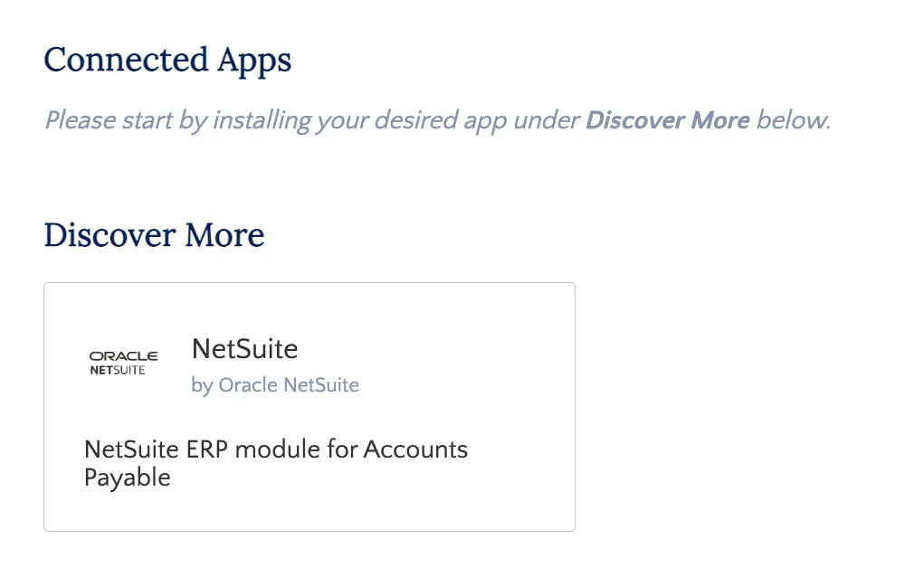 NetSuite message box with Icons listing connected apps and others grouped under Discover More