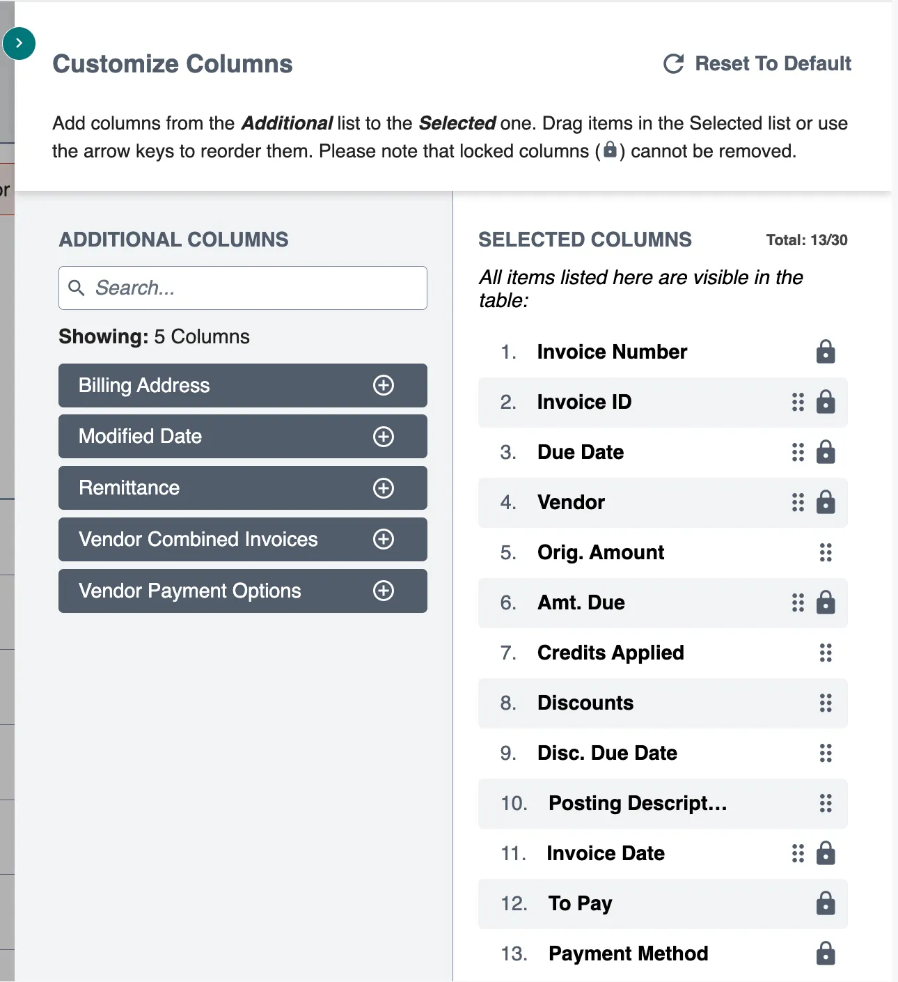 Customize Columns Panel