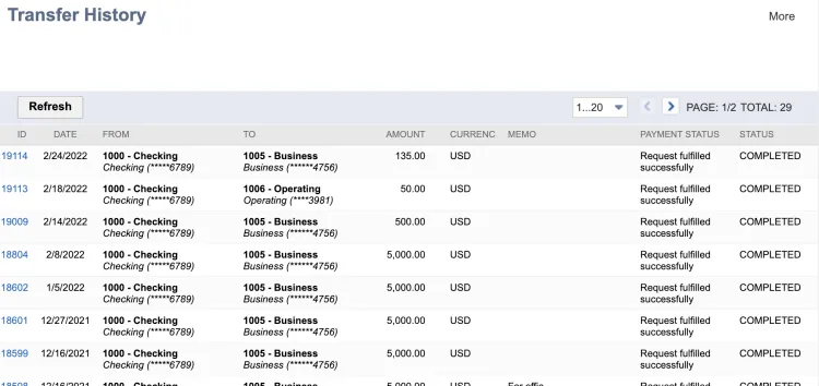 Transfer History Page