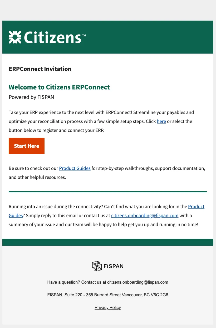 Welcome to Citizens email invitation with a Start Here button