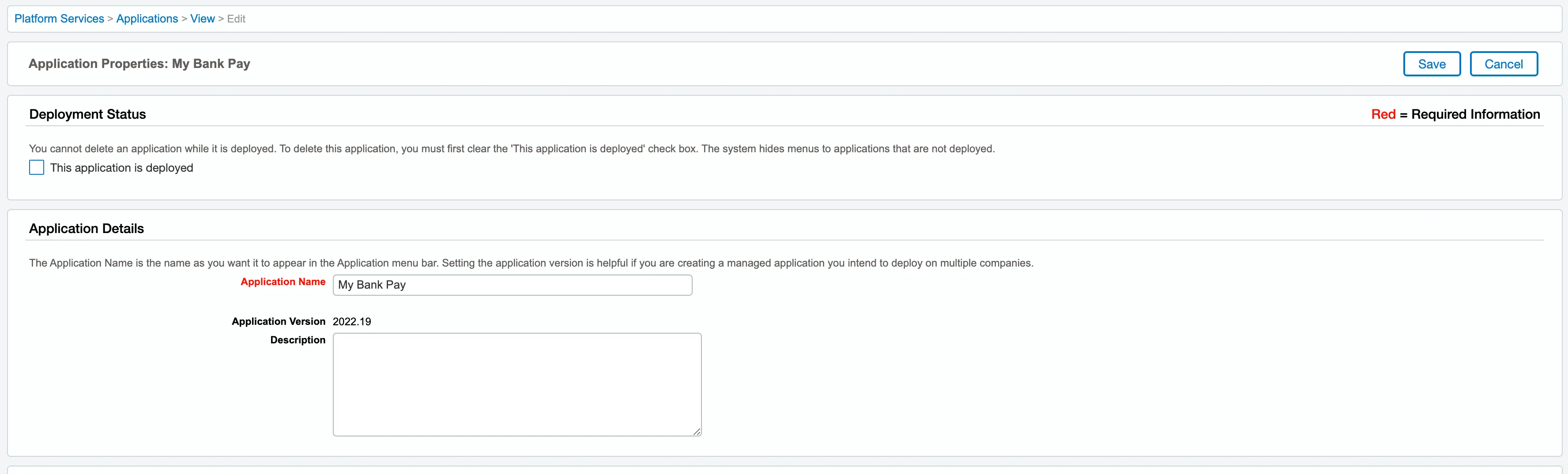 After unselecting "This application is deployed", click Save