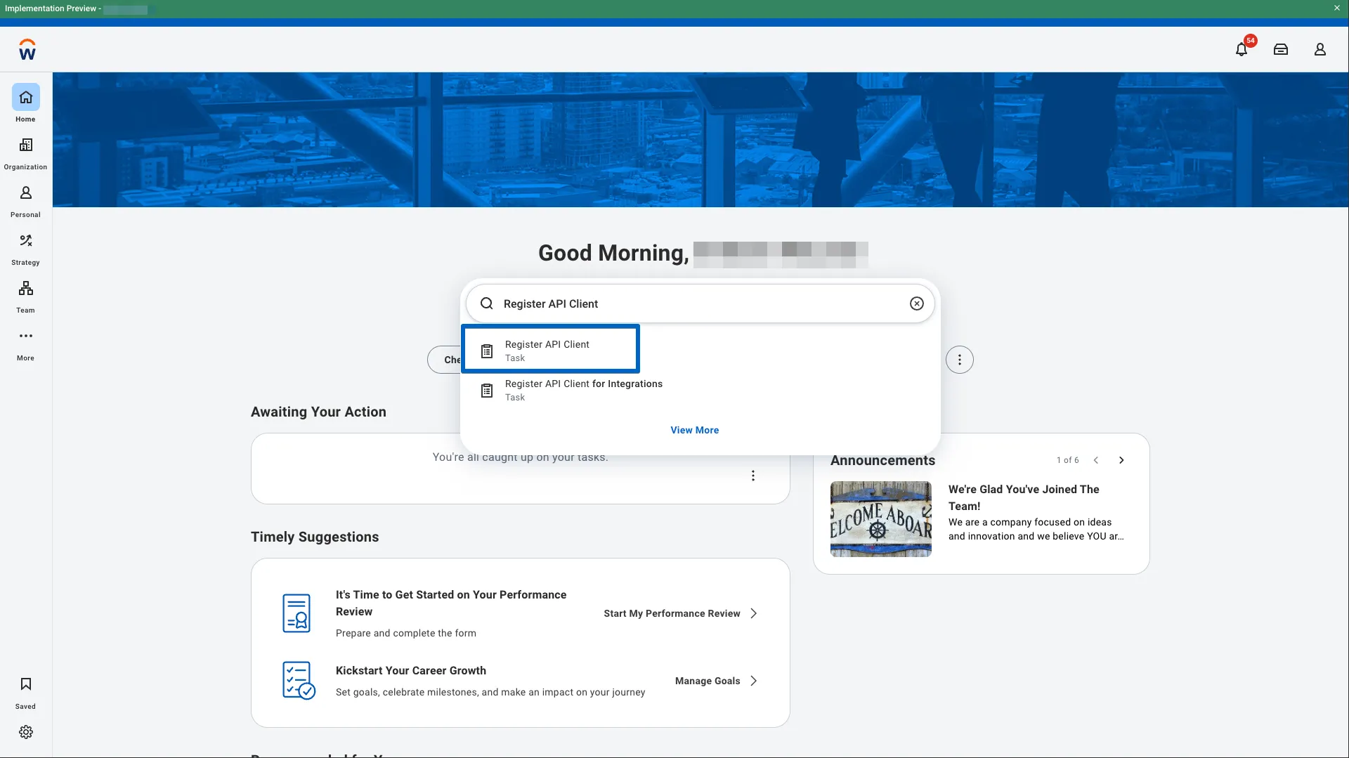 The image shows a user searching for "Register API Client" and specifically choosing that value. 